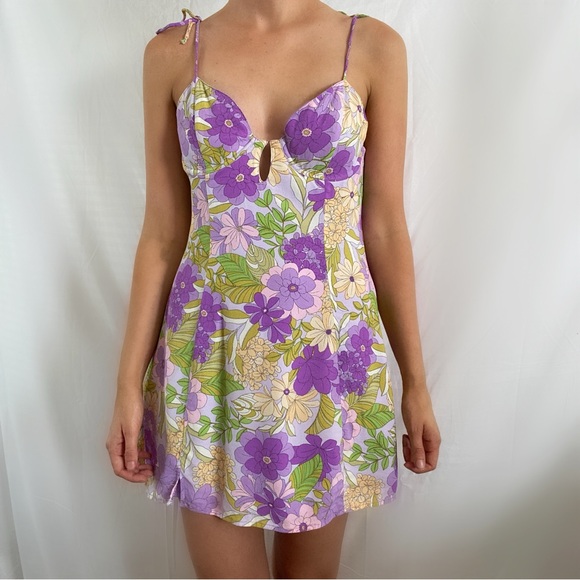 Isalis purple floral tie strap mini dress bustier open back large retro revolve - Picture 1 of 9